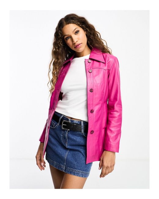 Muubaa Pink 70s Retro Fitted Leather Jacket