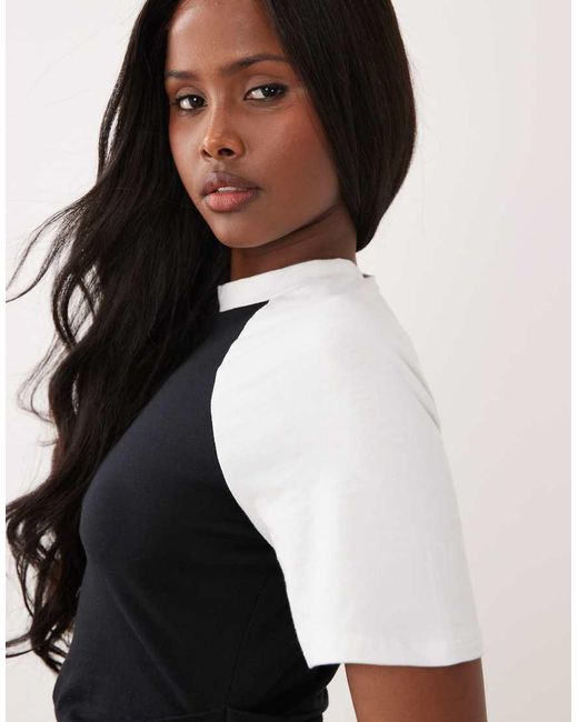ASOS Natural Cinched Waist Mini Dress With Mono Colour Block Sleeves