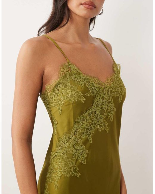 Nobody's Child Green Zaria Satin Lace Trim Split Front Cami Midaxi Dress