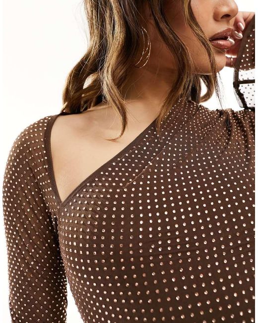 ASOS Brown Hotfix Embellished Mini Dress With Slash Neck Detail