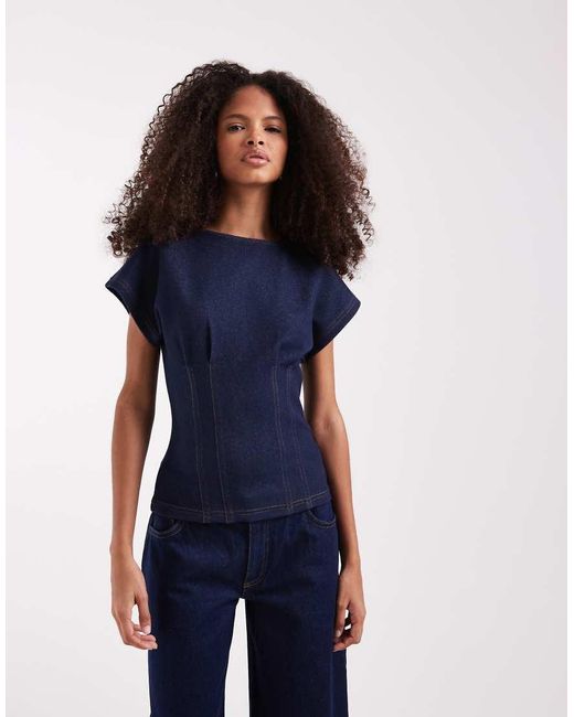 River Island Blue Denim Cinch Waist Detail Top