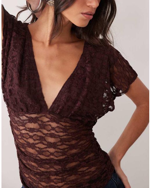 Miss Selfridge Blue Lace V-Neck Top With Gathered Waist
