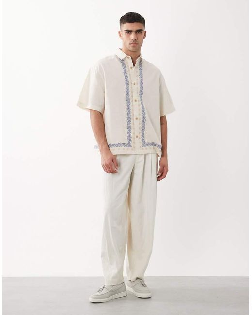 ASOS White Oversized Shirt With Linen And Border Embroidery for men