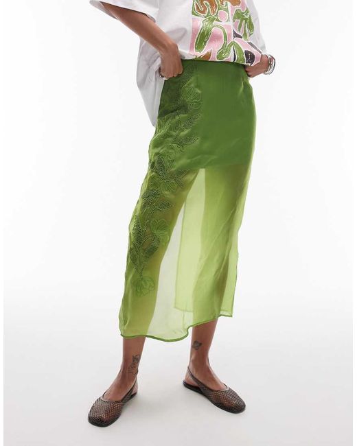 Gonna Midi Ricamata di TOPSHOP in Green