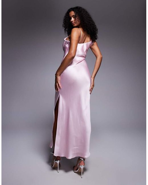 river island pink one shoulder dress River Island one shoulder cowl neck maxi dress in pink