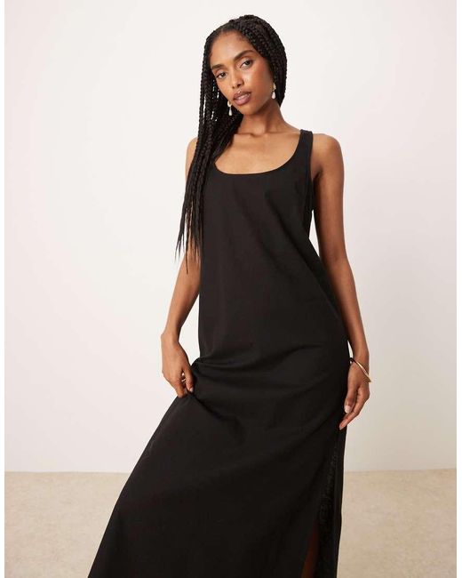 ASOS Midi Jurk Met Lage Ronde Hals Van Katoen-Linnen Mix in het Black