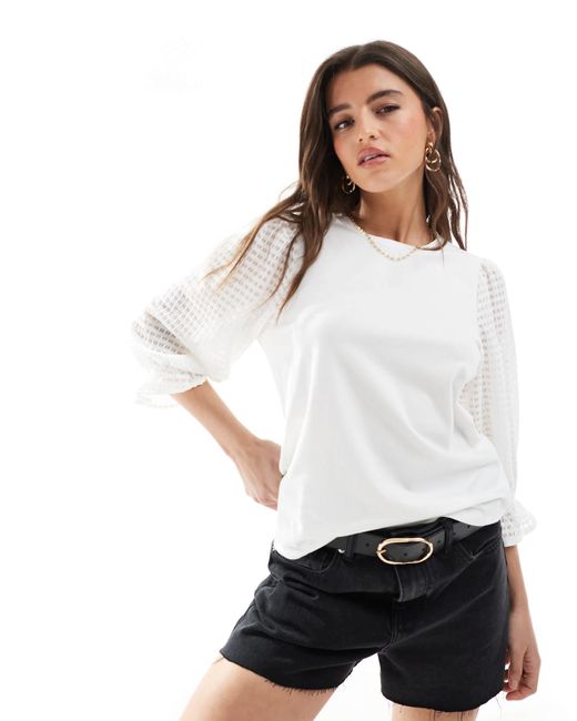 Object White T-shirt With Sheer Textured Sleeve