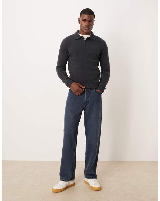 Mango Blue Split Neck Knitted Polo Jumper for men