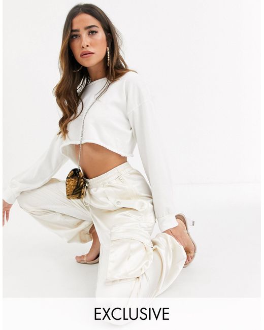 Pantalon cargo large en satin Missguided en coloris White