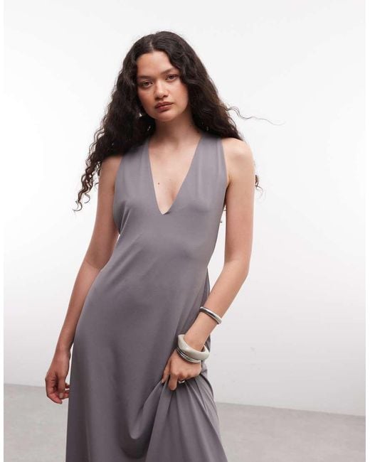 Weekday Brown Maxi Dress With Deep V Neck And Racer Back Metal Detail