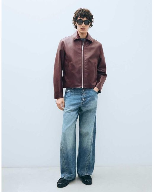 Bershka Brown Boxy Faux Leather Jacket for men