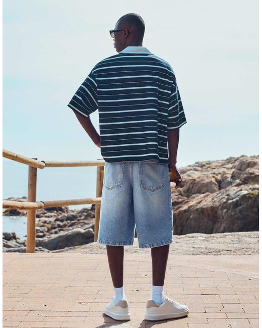 Bershka Blue Baggy Denim Bermuda Shorts for men