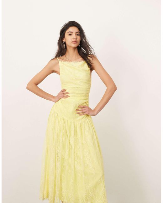 ARRANGE Lace Ruched Dropped Waist Midi Dress in Yellow | Lyst ARRANGE Lace Ruched Dropped Waist Midi Dress in Yellow | Lyst