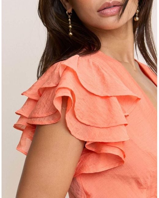 Nobody's Child Pink Coral Frill Sleeve Layla Midi Dress