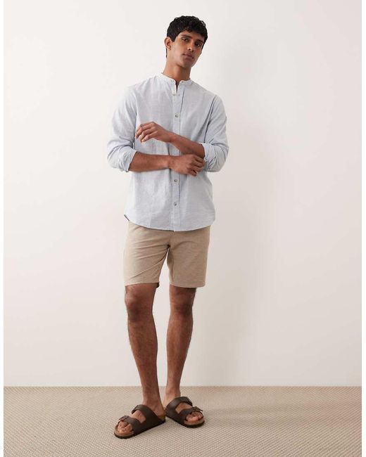 Jack & Jones Gray Stand Collar Linen Blend Long Sleeve Shirt for men