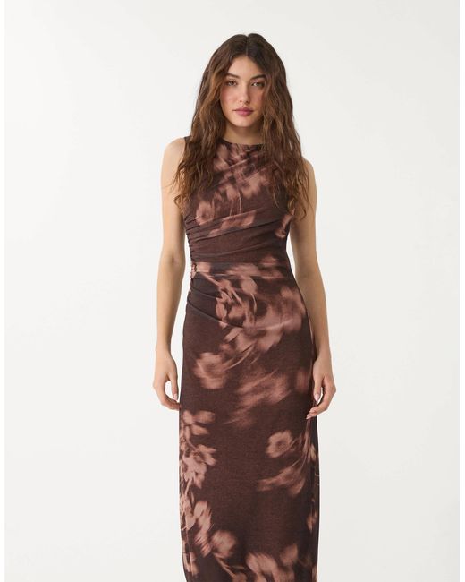 Stradivarius Natural – bedrucktes midikleid aus tüll