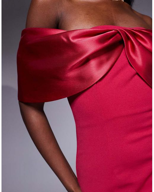 Goddiva Red Twist Knot Satin & Scuba Bardot High Low Midi Dress
