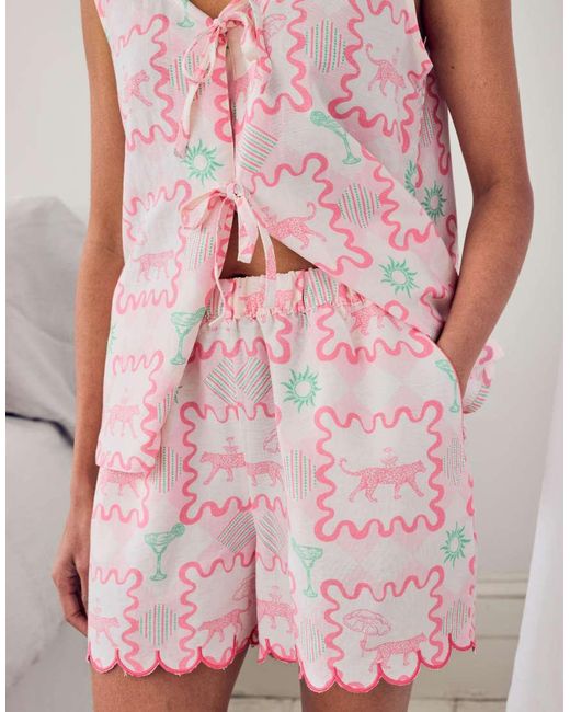 Chelsea Peers Pink Linen-Blend Tie Front Cami Cocktail Leopard Geo Print Short Pyjama Set