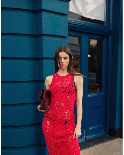 TOPSHOP Red Knitted Premium Crochet Maxi Dress