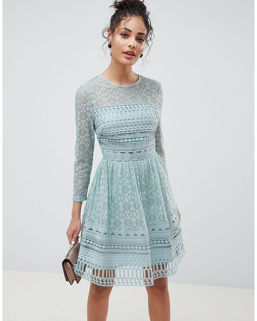 ASOS Green Premium Lace Mini Skater Dress With Long Sleeves