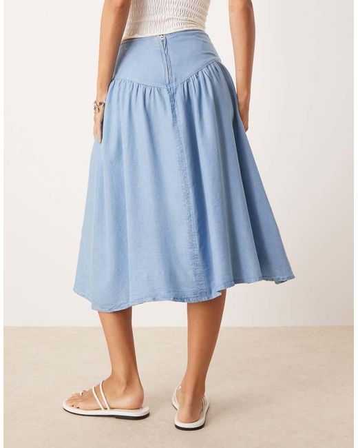 Mango Blue Drop Waist Gathered Detail Midi Skirt