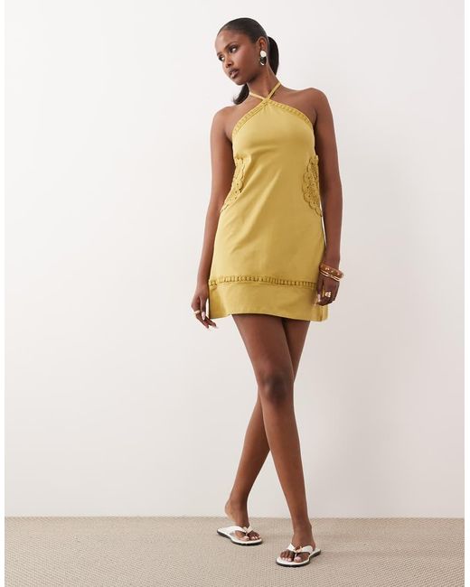 ASOS Green Fit And Flare Crochet Patch Halter Mini Dress