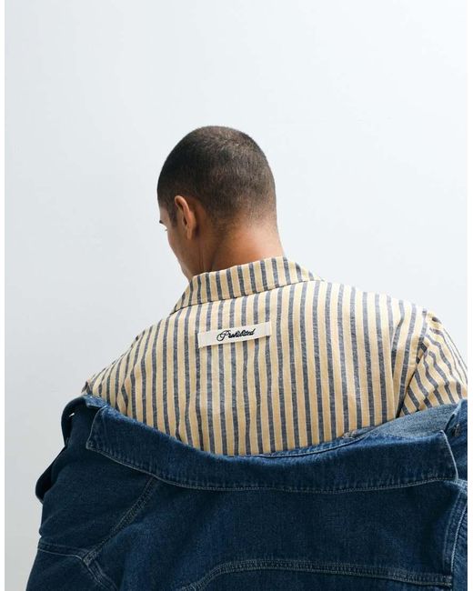 Prohibited Blue Short Sleeve Revere Collar Stripe Linen Mix Shirt for men