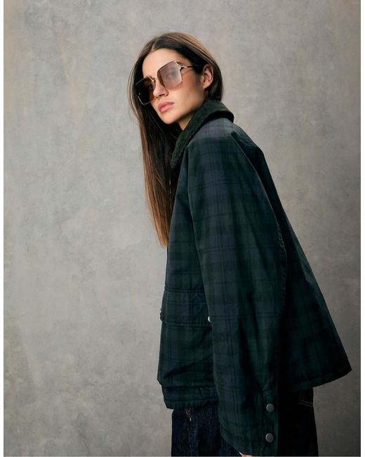 Stradivarius Blue Waxed Check Parka