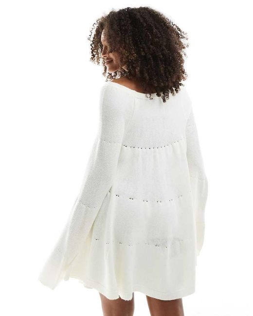 Miss Selfridge White Tired Long Sleeve Knit Floaty Smock Dress
