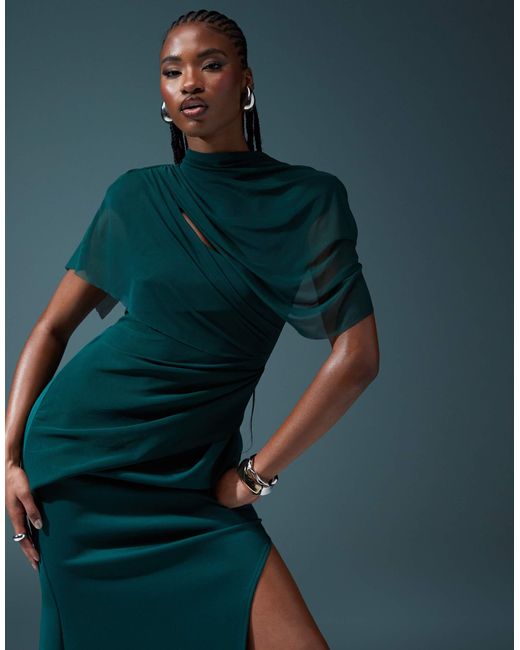 ASOS Blue Draped Mesh Shoulder Pad Premium Maxi Dress
