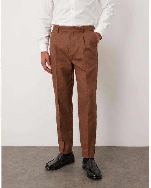 ASOS Cotton Linen Blend Tapered Suit Trousers in Brown for Men | Lyst