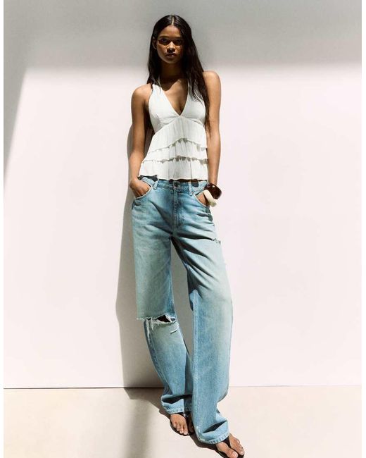 Bershka White Shimmery Ruffle Top