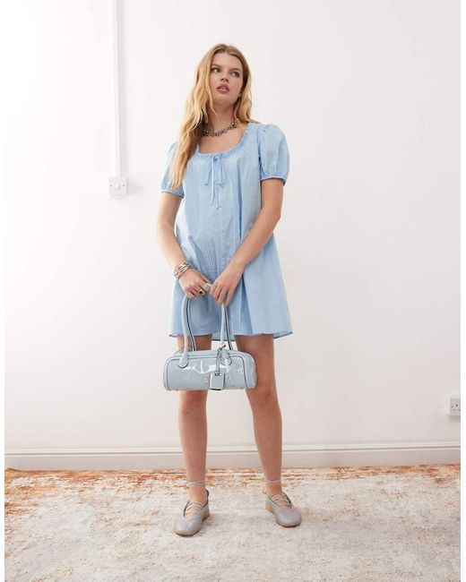 Collusion Blue Babydoll Mini Dress With Pin Tuck Detail