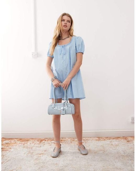 Collusion Blue Babydoll Mini Dress With Pin Tuck Detail