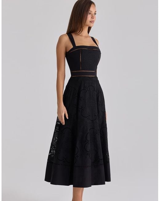 House Of Cb Black Ava Cotton Placement Broderie Anglaise Midi Dress