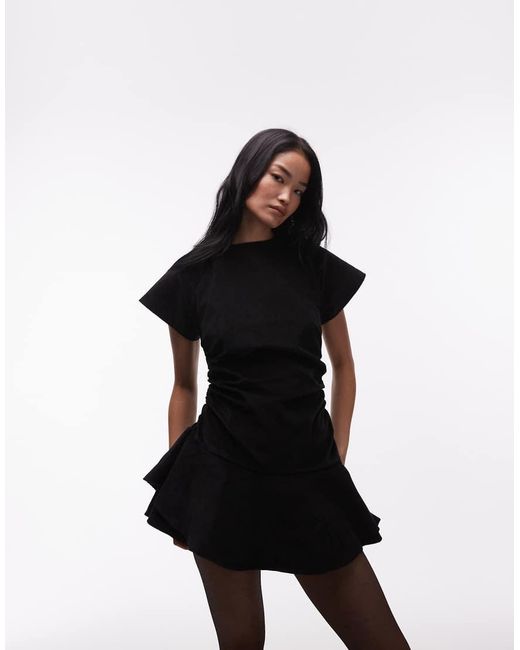 ASOS White Cord Short Sleeve Mini Dress With Ruching Tie Waist Detail