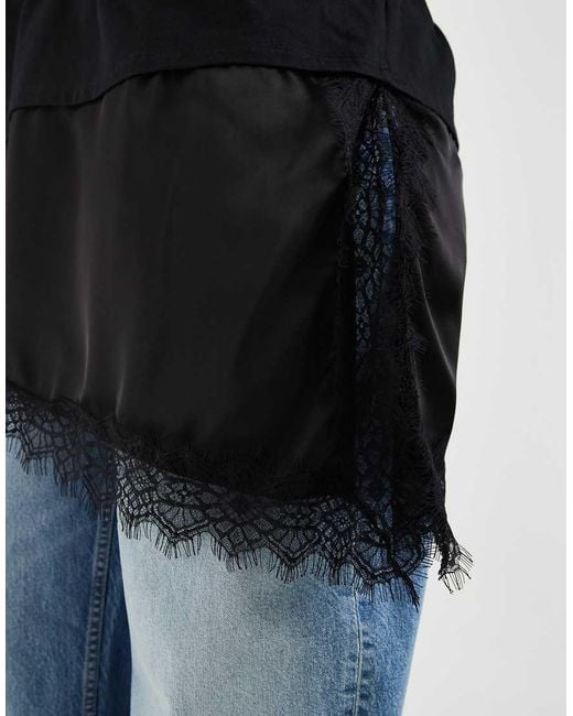 Noisy May Black Oversized Satin T-shirt With Asymm Lace Hem