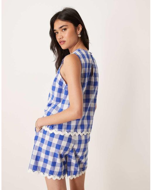 Y.A.S Blue Woven Gingham Top Co-ord With Scallop Trims
