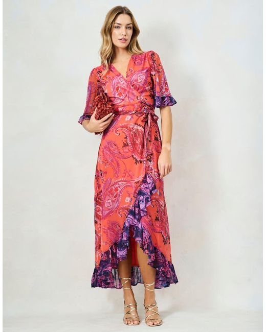 Hope & Ivy Red The Zella Contrast Frill Maxi Wrap Dress