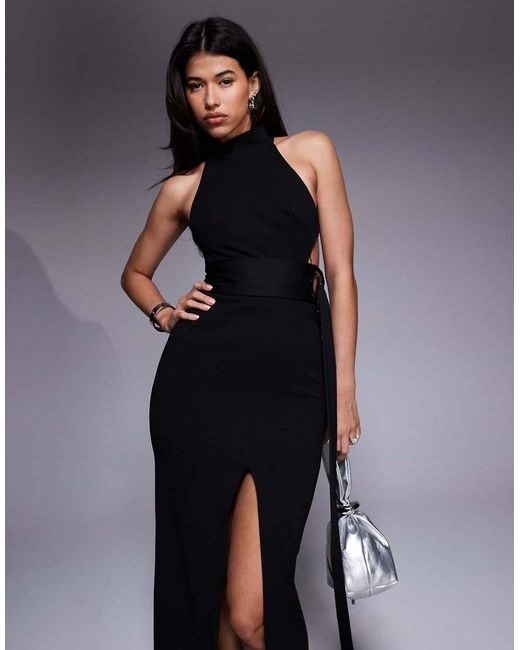 ASOS Blue Halter Maxi Dress With Split And Knot Belt