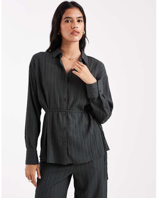 Vero Moda Black Tie Waist Oversized Plisse Shirt Co-Ord