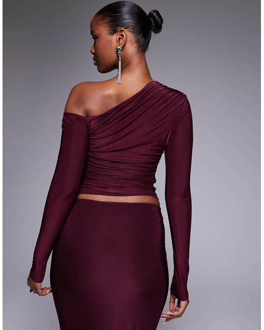 Kaiia Purple Exclusive Double Layered Slinky Off Shoulder Long Sleeve Top Co-Ord