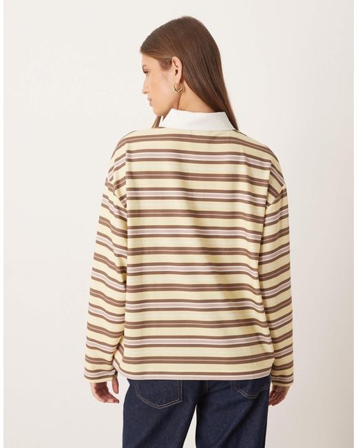 ASOS Natural Long Sleeve Stripe Rugby Polo
