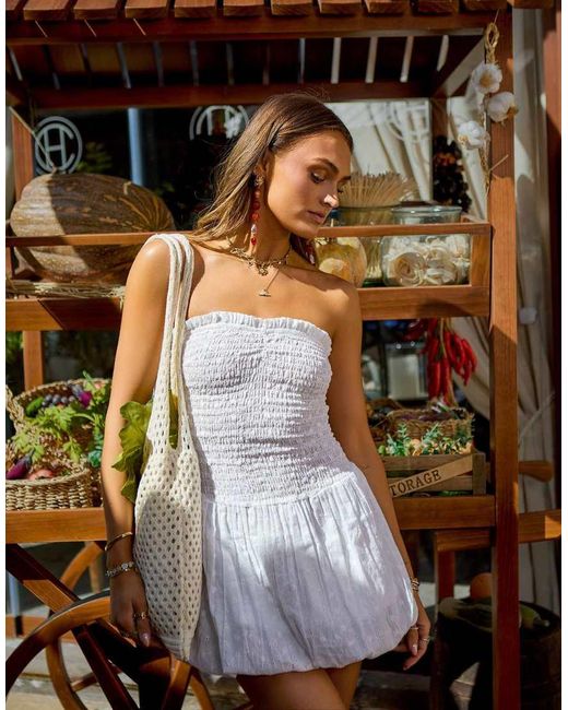 South Beach White X Misha Grimes Ruched Balloon Bandeau Mini Beach Dress