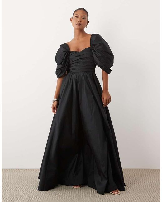 LACE & BEADS Black Taffeta Puff Sleeve Sweetheart Neck Gown