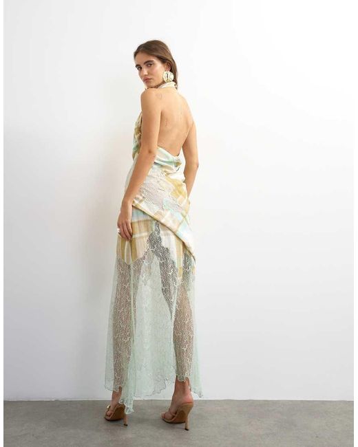TOPSHOP Multicolor Premium Linen Blend Halter Neck Lace Hem Occasion Maxi Dress