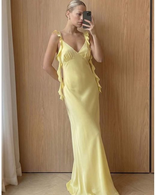 NA-KD Yellow Satin Ruffle Shoulder Maxi Dress