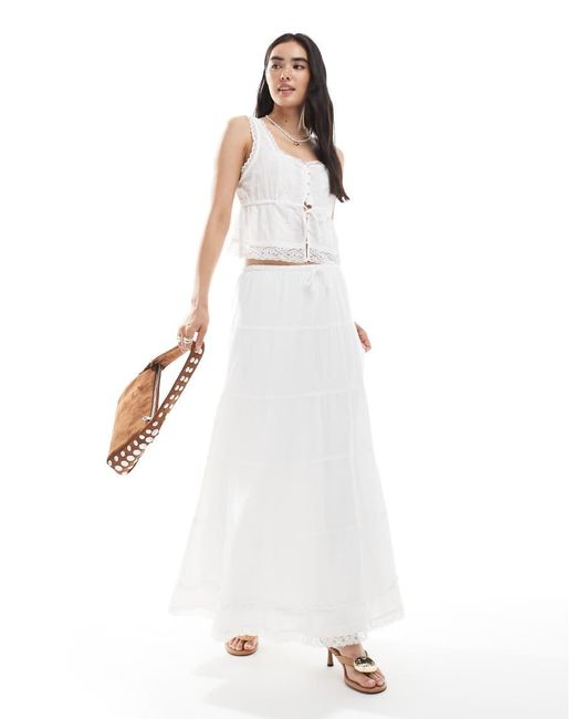Vero Moda White Lace Trim Tiered Boho Maxi Skirt Co-ord