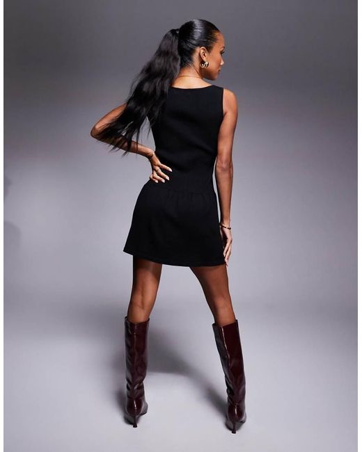 Kaiia Blue Exclusive Wide Neck Sleeveless Knitted Button Through Skater Mini Dress