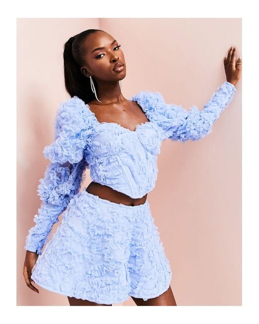 ASOS 3d Lace Corset Top With Puff Sleeves in Blue Lyst Australia